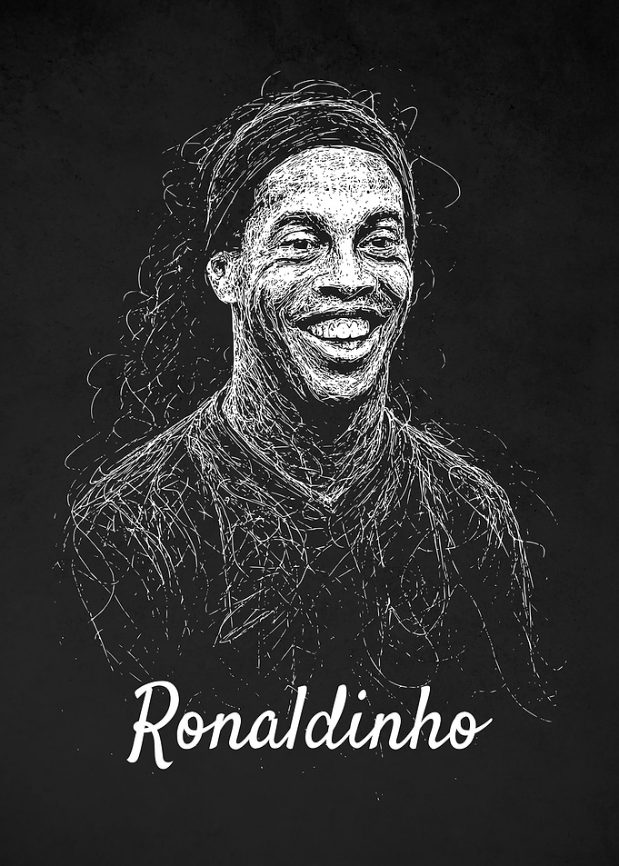 Ronaldinho Portrait - White Sketch on Black Scribble Art