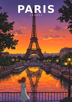 Vintage Anime Paris Skyline with Eiffel Tower