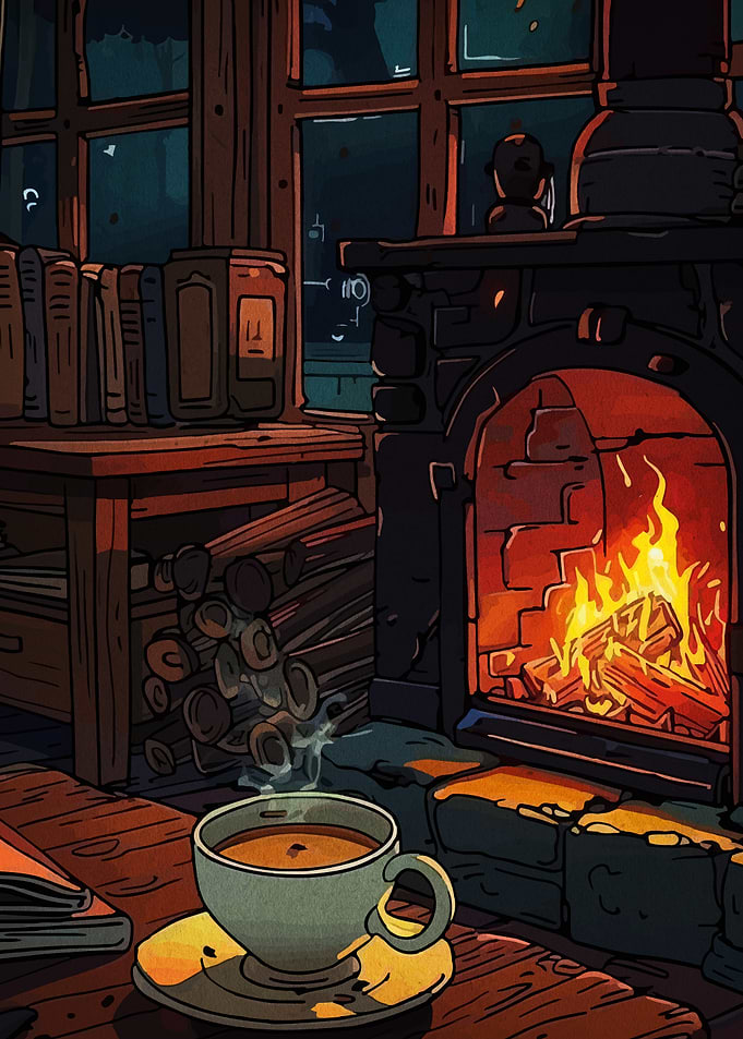 Cozy Fireplace Scene with Coffee