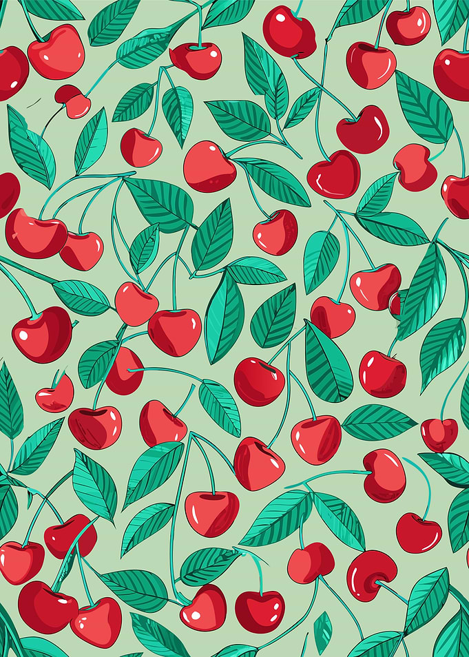 Cherry Pattern with Green Leaves