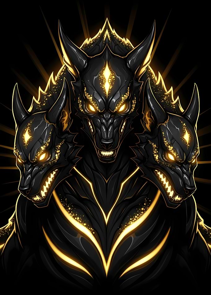 Three-Headed Dog with Golden Accents