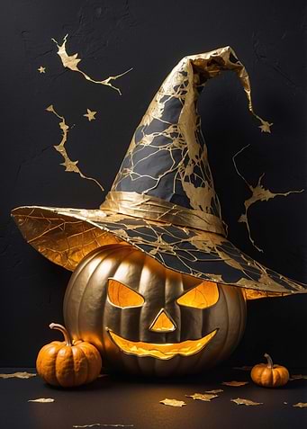Golden Halloween Pumpkin with Witch Hat