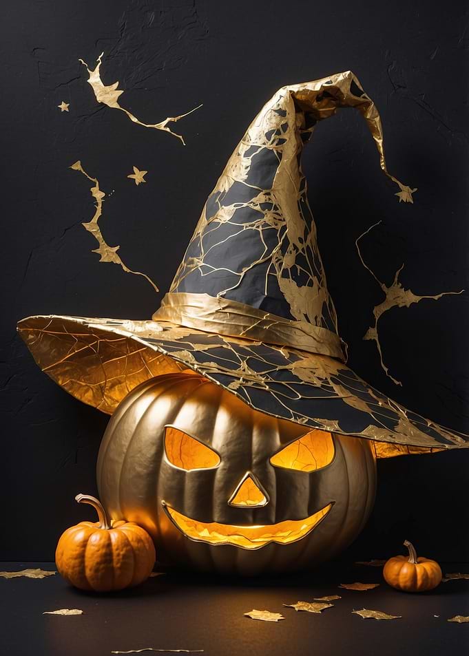 Golden Halloween Pumpkin with Witch Hat