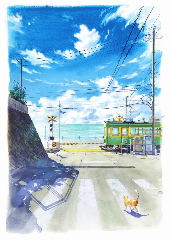 Coastal Townscape with Tram and Cat