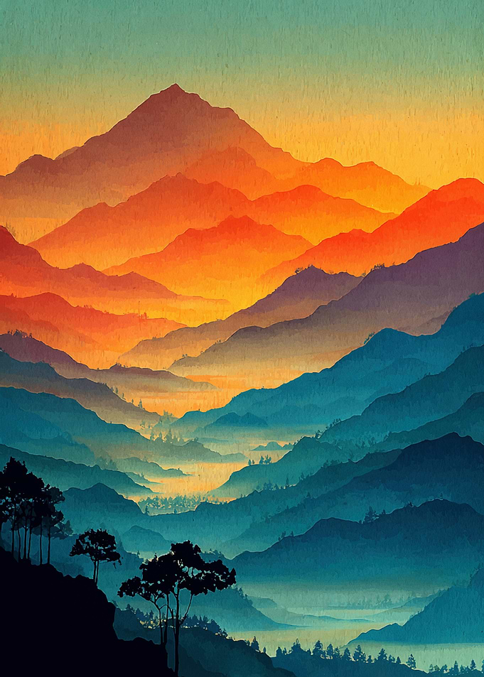Watercolor Mountain Range Landscape