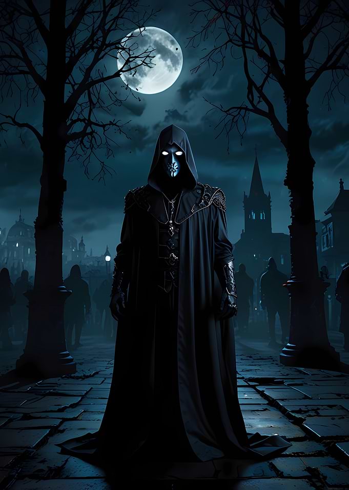 Hooded Figure in Dark Cityscape
