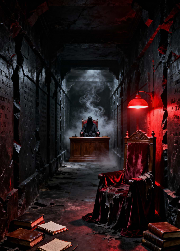 Dark Tribunal: Hooded Figure in Stone Hall