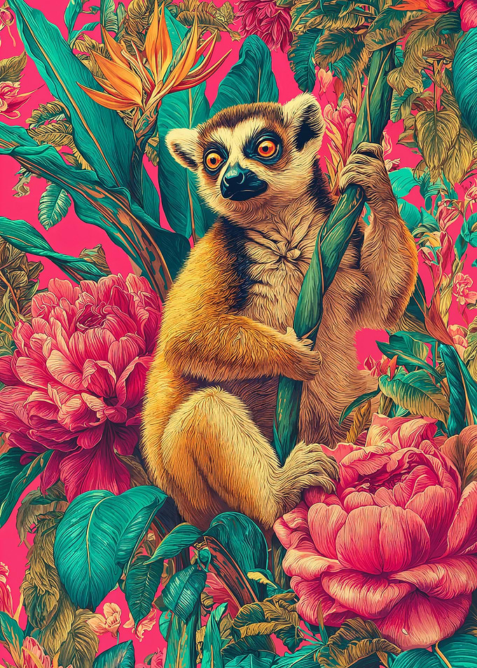 Lemur in Tropical Floral Paradise
