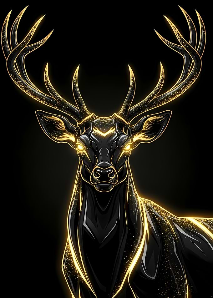 Golden Outlined Deer on Black Background