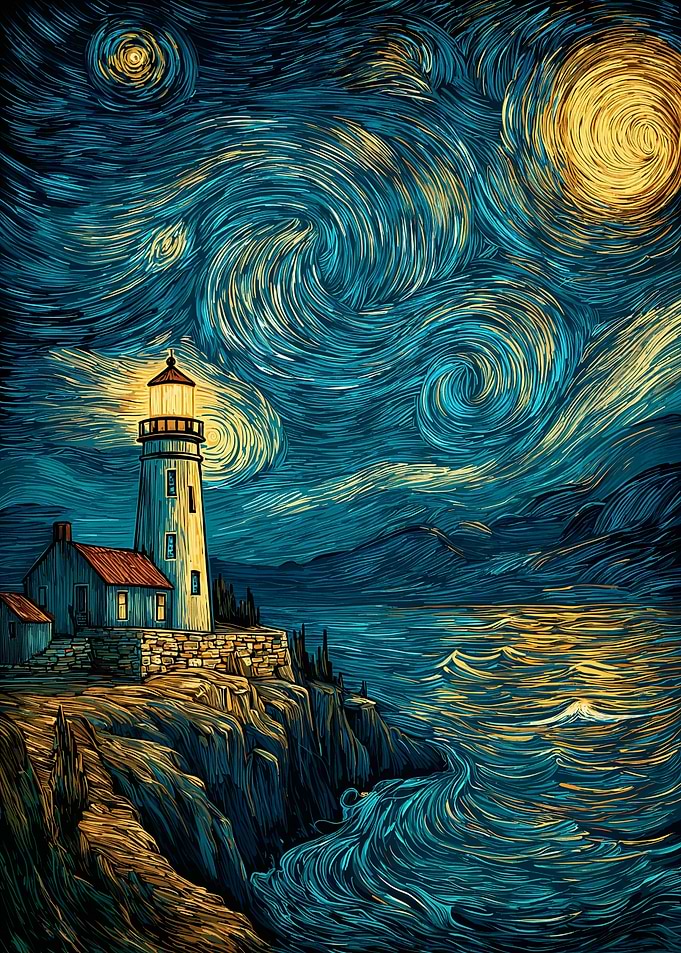 Lighthouse at Night with Swirling Sky
