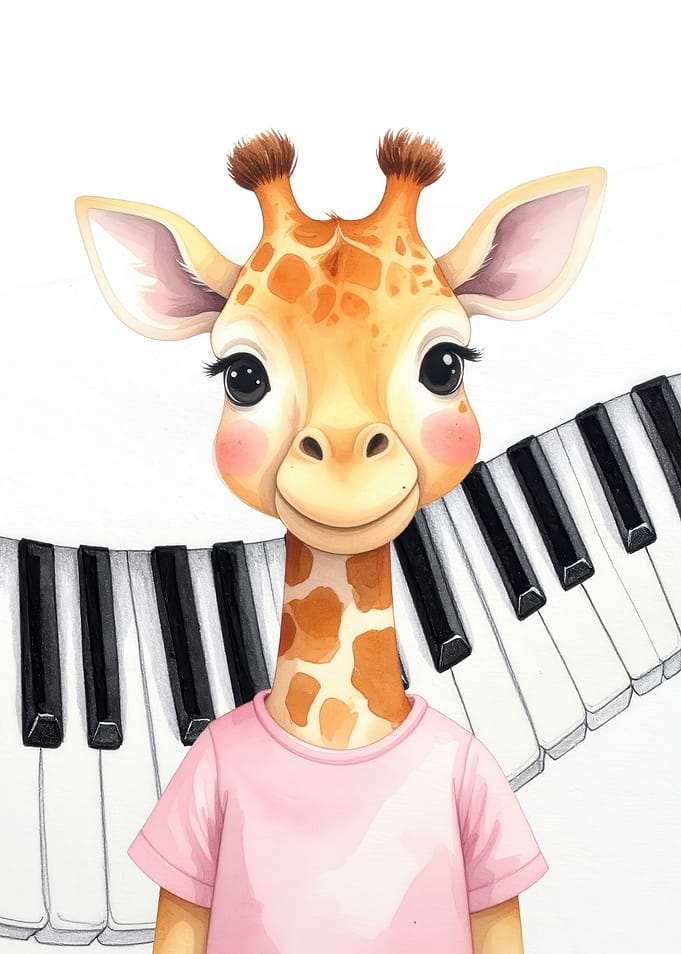 Giraffe with Piano Keys and Pink Shirt