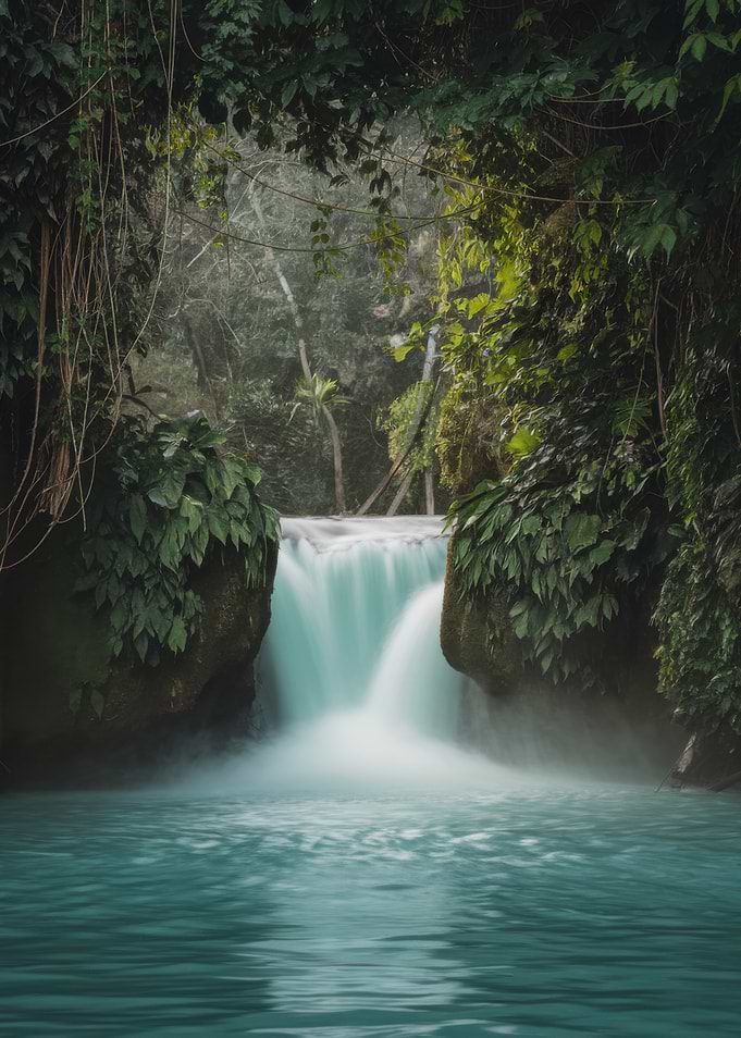 Turquoise Waterfall in Lush Green Forest