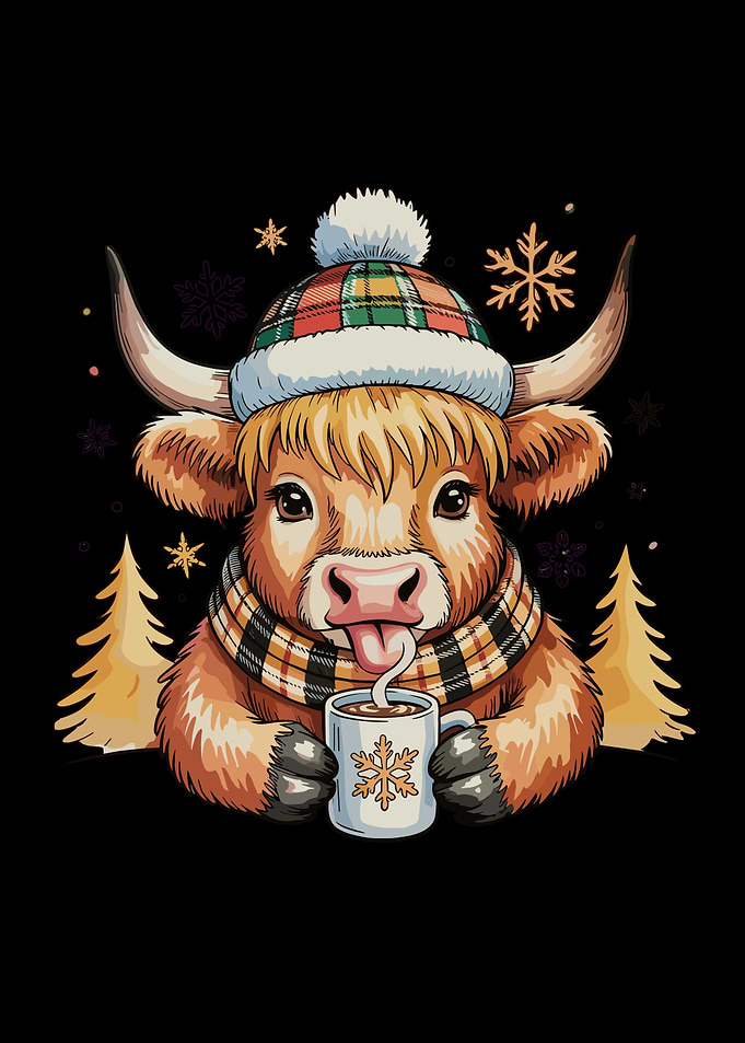 Highland Cow Christmas Fluffy Cozy Cute Gold Golden Winter Xmas Trees Holiday Season