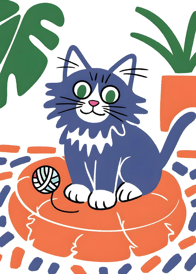 Cartoon Cat with Yarn Ball
