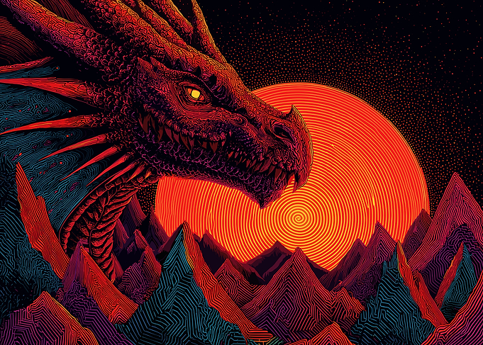 Red Dragon over Mountains with Sun