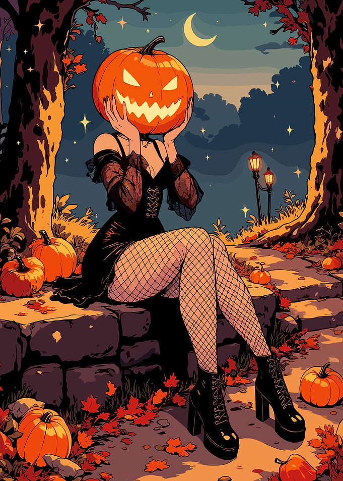 Pumpkin-headed woman in a Halloween setting