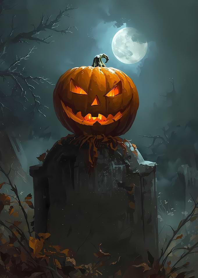 Halloween Pumpkin on Tombstone Under Moonlight