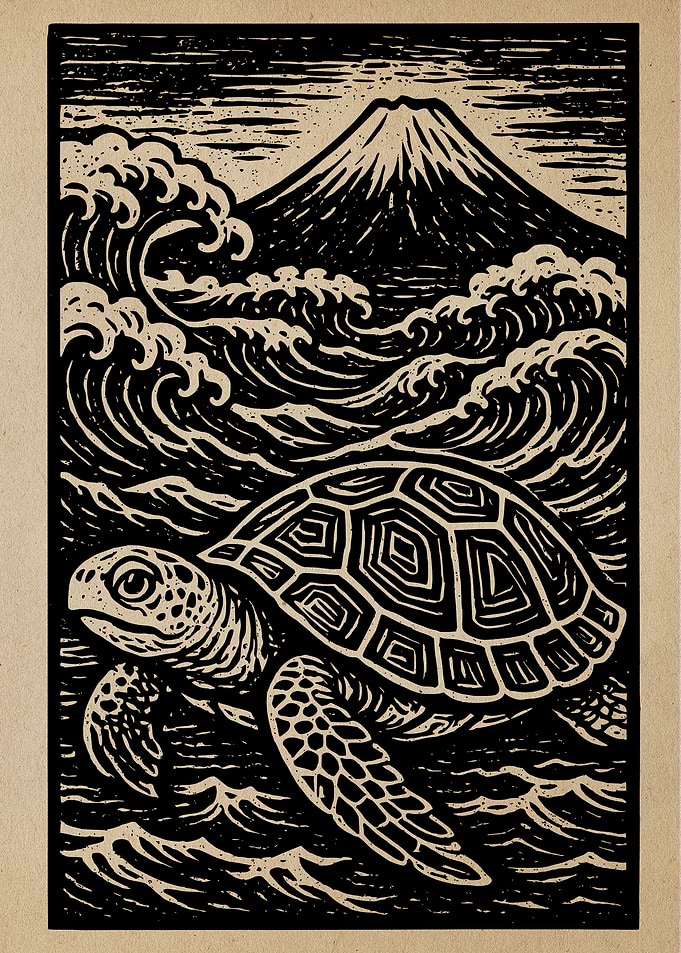 Turtle, Waves, and Mountain Woodcut Print