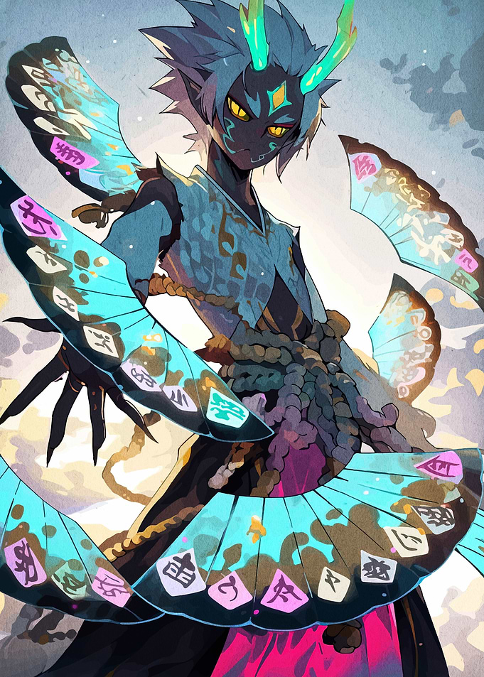 Mystical Figure with Butterfly Fans