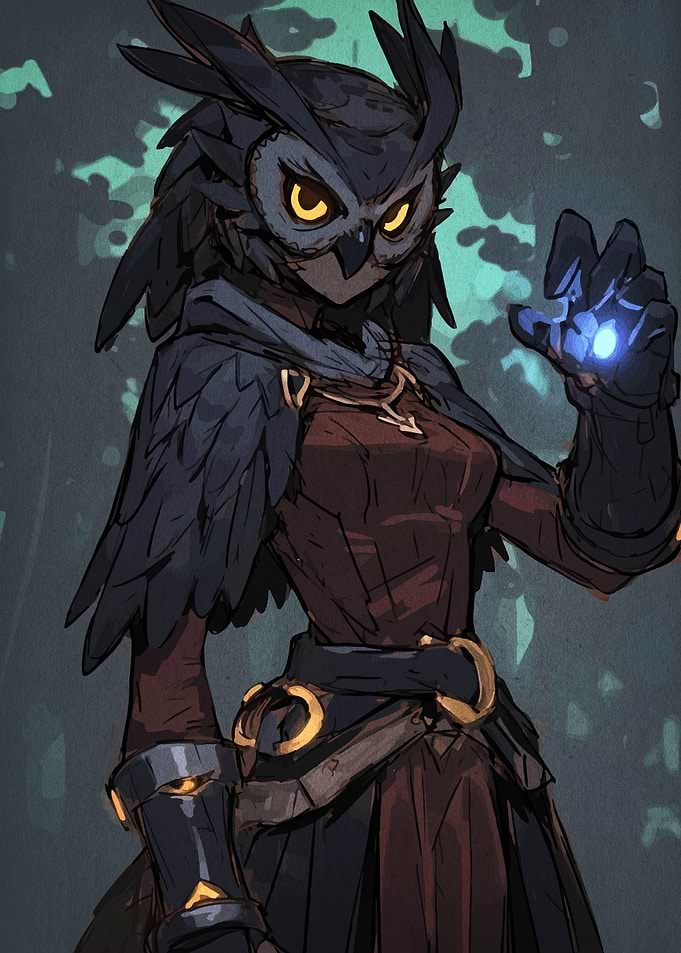 Owl-headed mage casting a spell