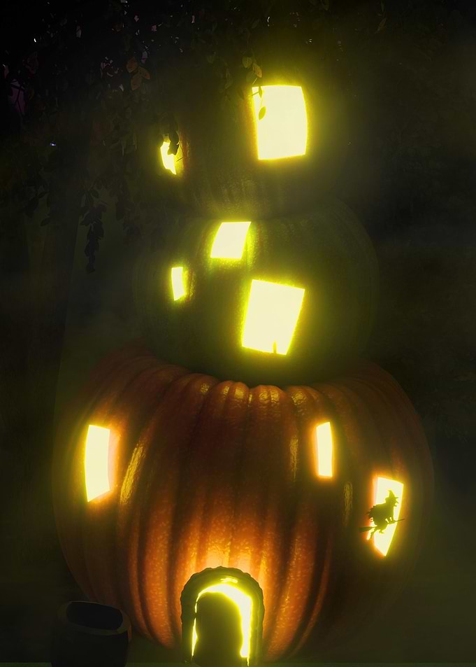 Halloween Pumpkin Tower with Witch Silhouette