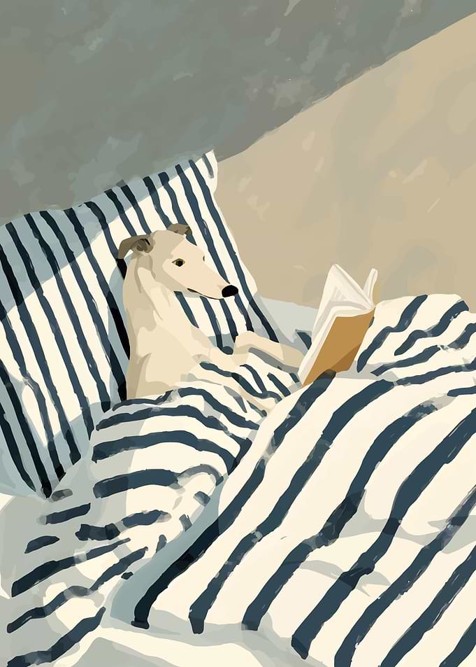 Dog reading in bed illustration