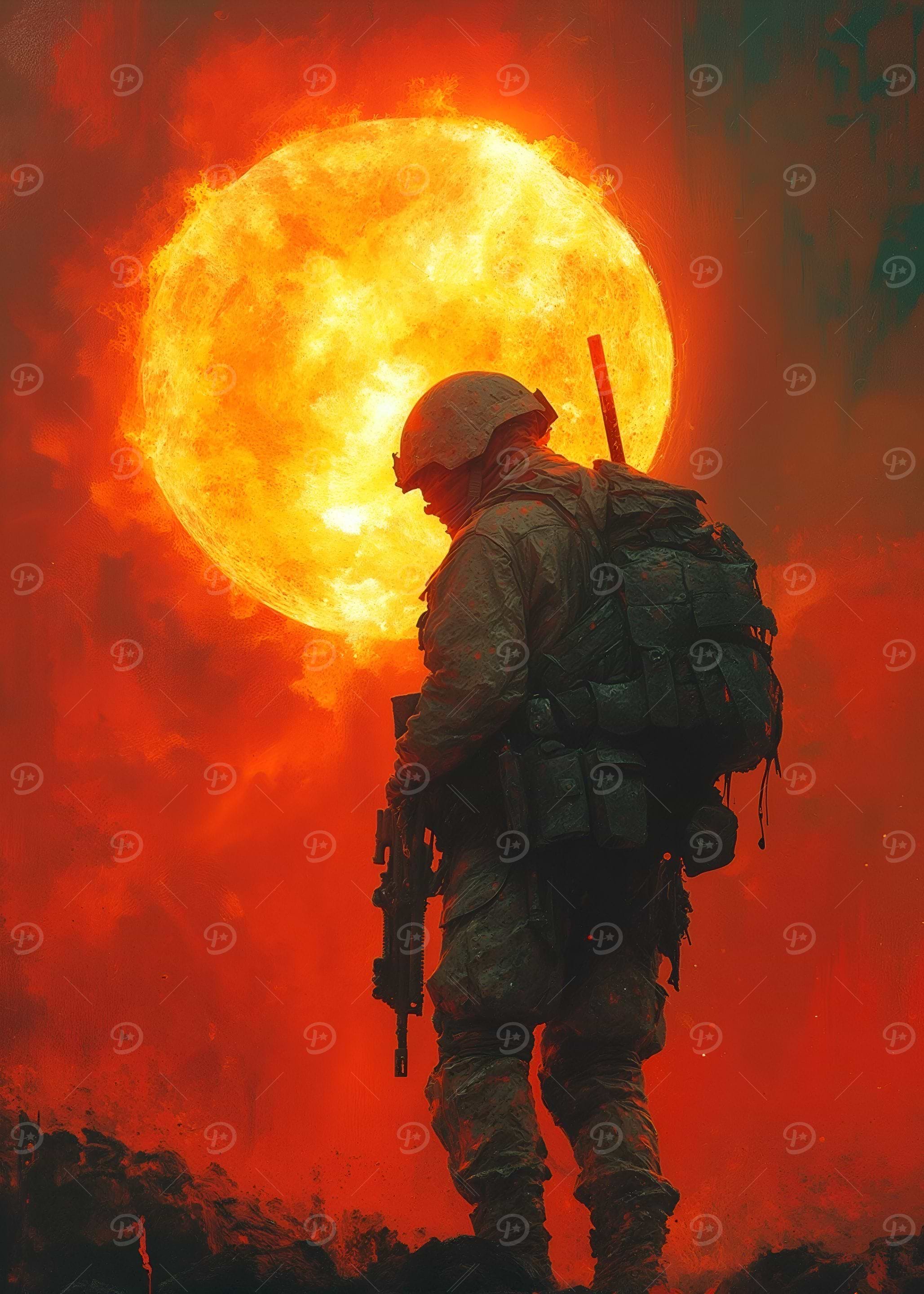 Soldier Silhouette Against Fiery Sky