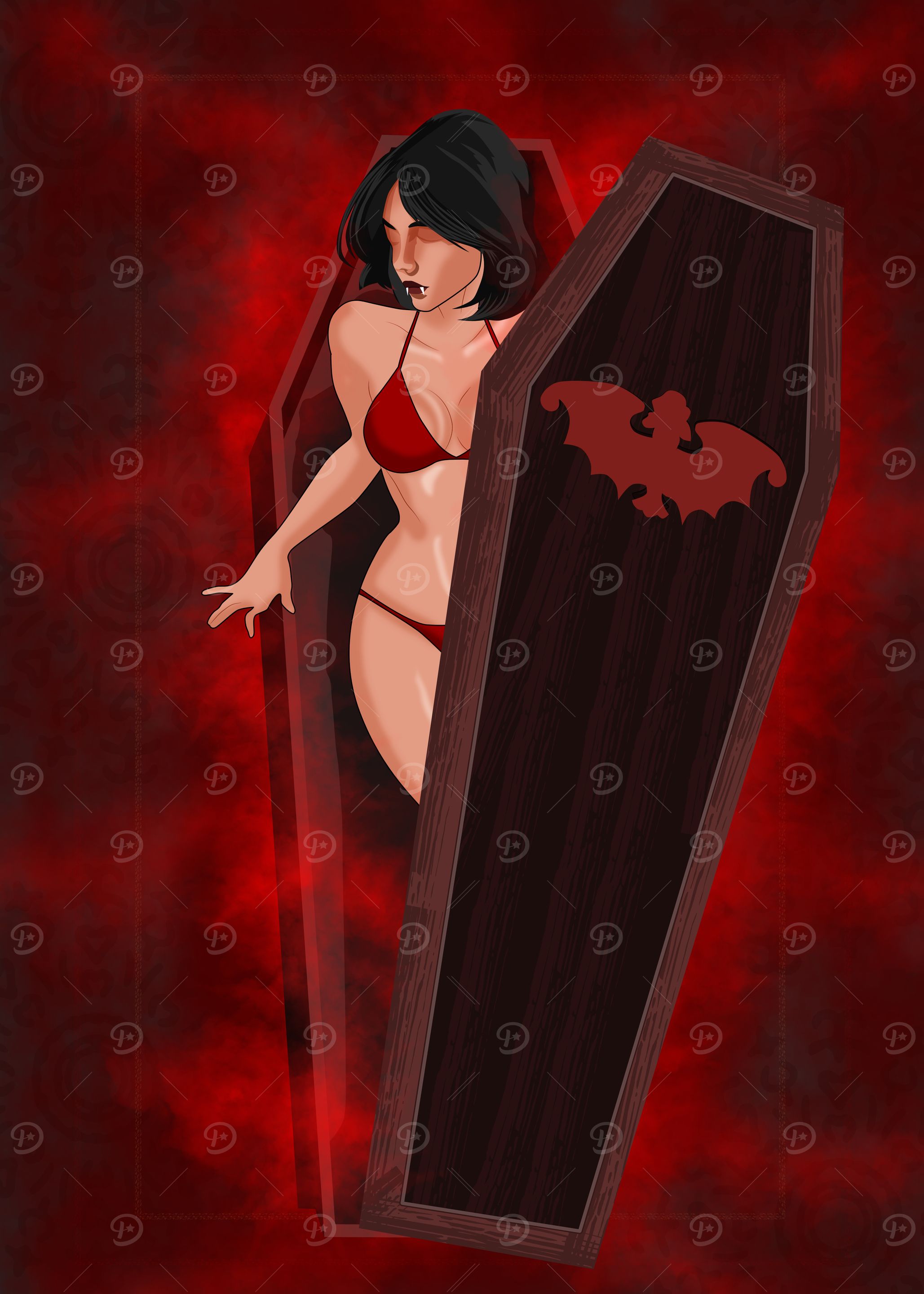 Vampire girl in coffin illustration