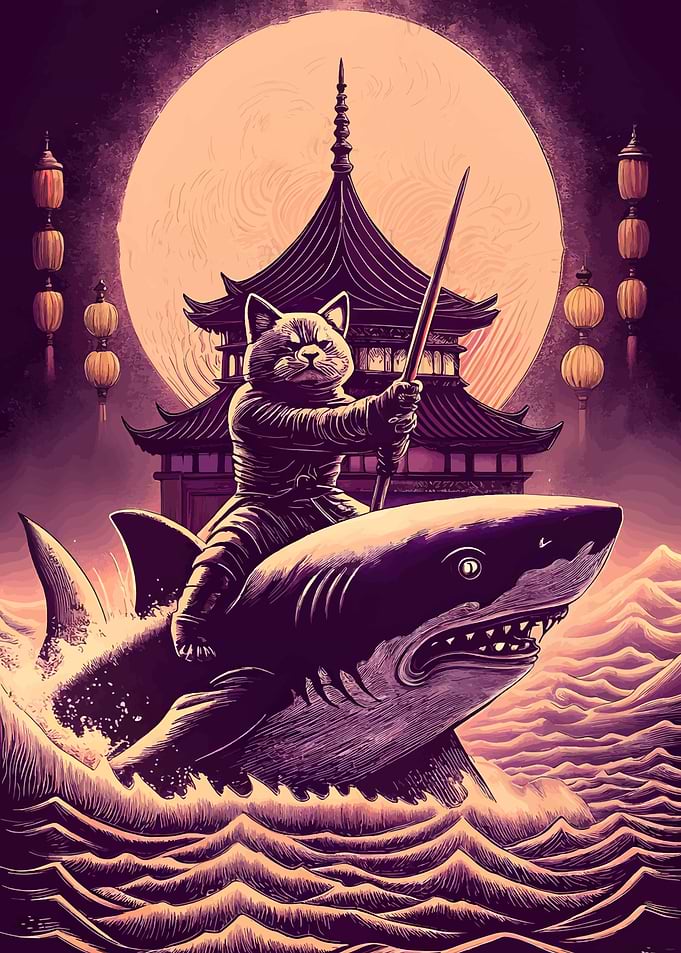 Cat Samurai Riding Shark Illustration