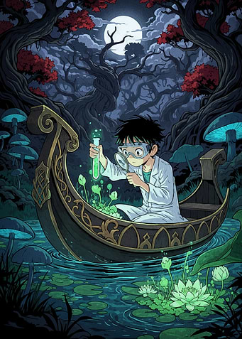 Boy Scientist Magical Forest Boat