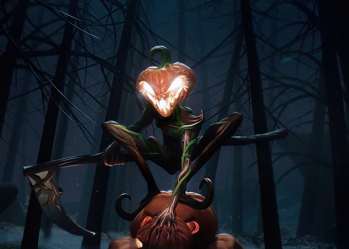Pumpkin-headed creature in dark forest