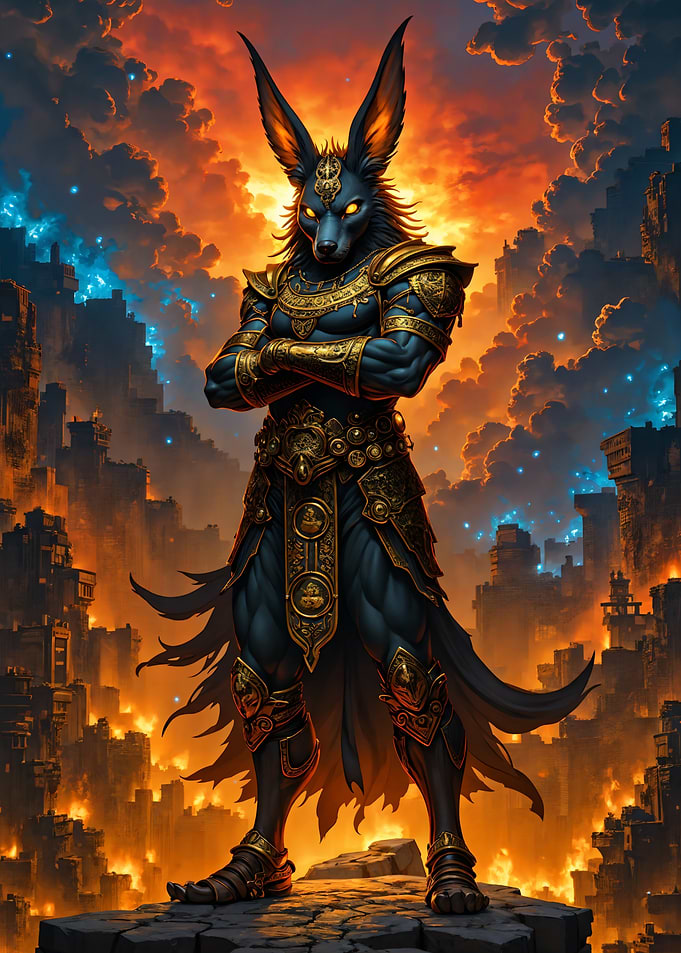 Anubis-like figure in fantasy cityscape