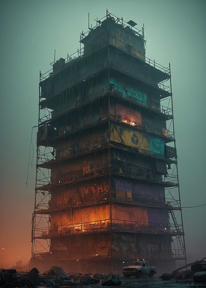 Rain-Soaked Dystopian Tower - Cyberpunk Scaffold Cityscape