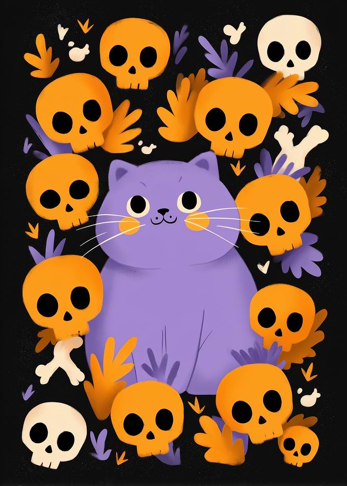 Cute Cat with Skulls on Halloween