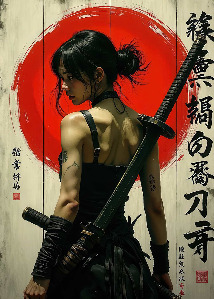 Female Warrior with Katana and Red Sun