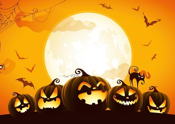 Halloween Pumpkins with Moon and Bats