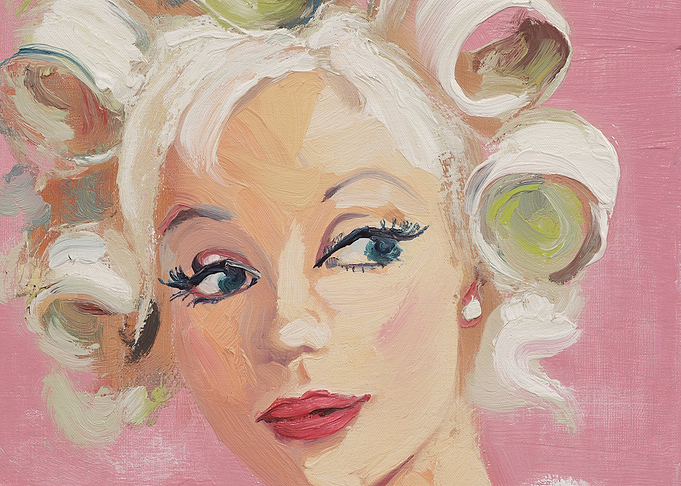 Blonde woman with hair rollers painting