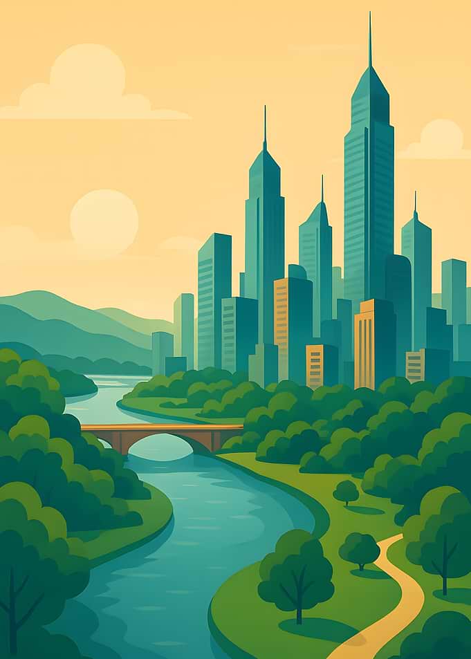 Cityscape with River and Greenery