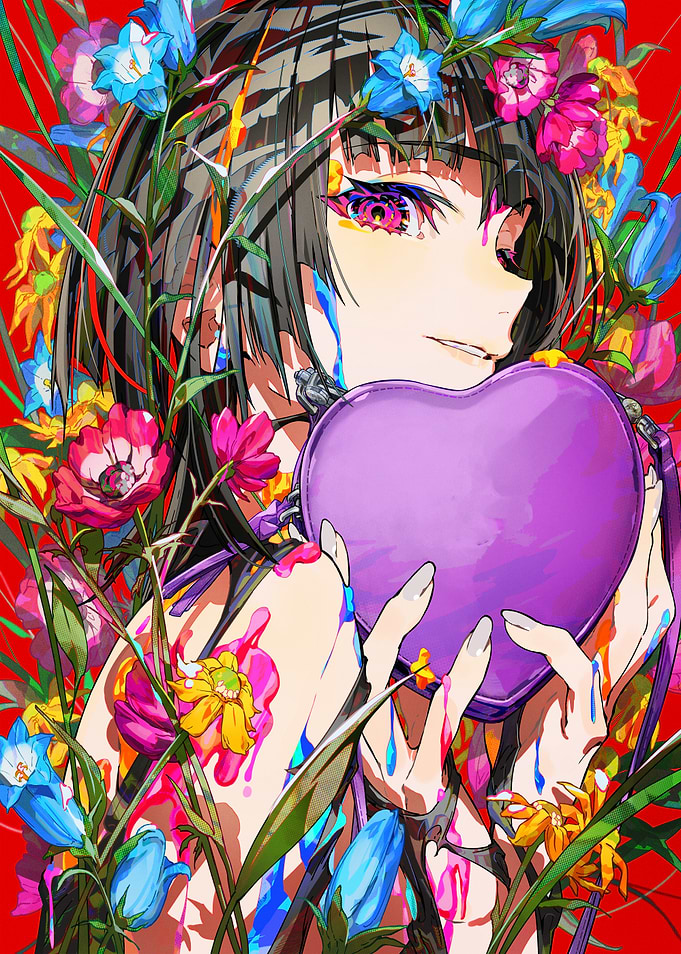 Anime Girl with Heart and Flowers