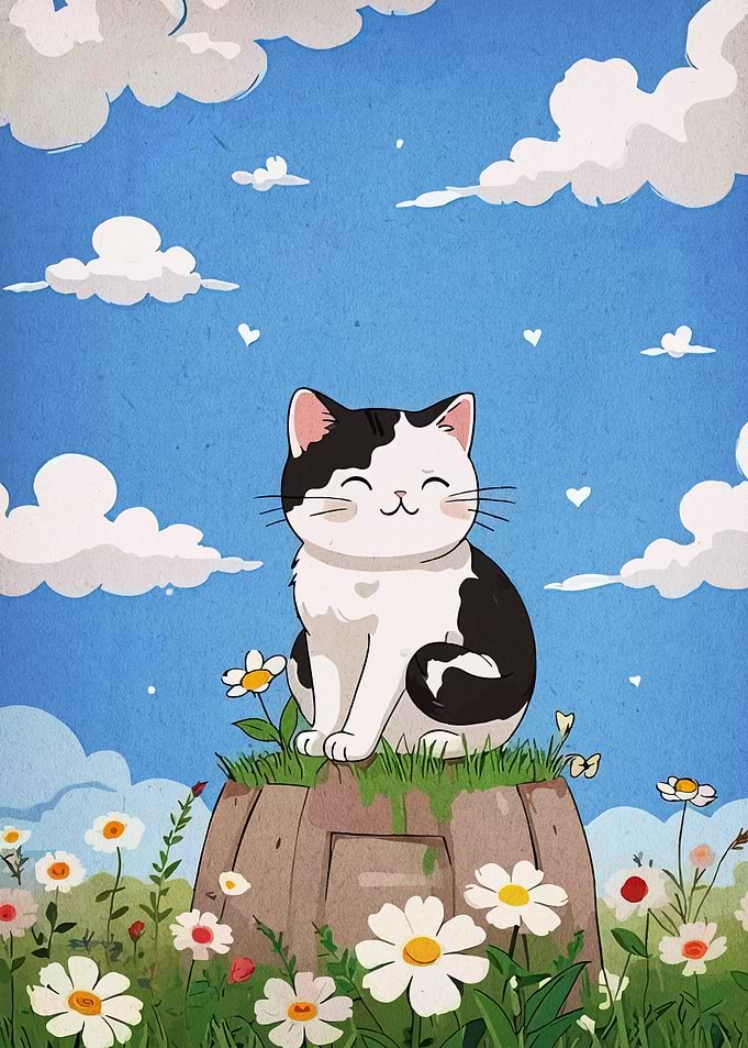 Happy Cat in a Flower Field