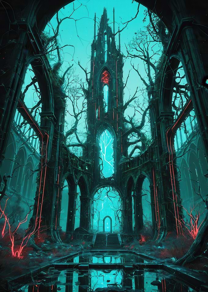 Glowing Gothic Ruins — Neon Teal Cathedral in Overgrown Forest