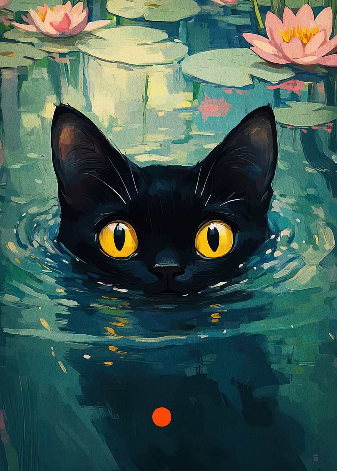 Black Cat in Lily Pond Painting