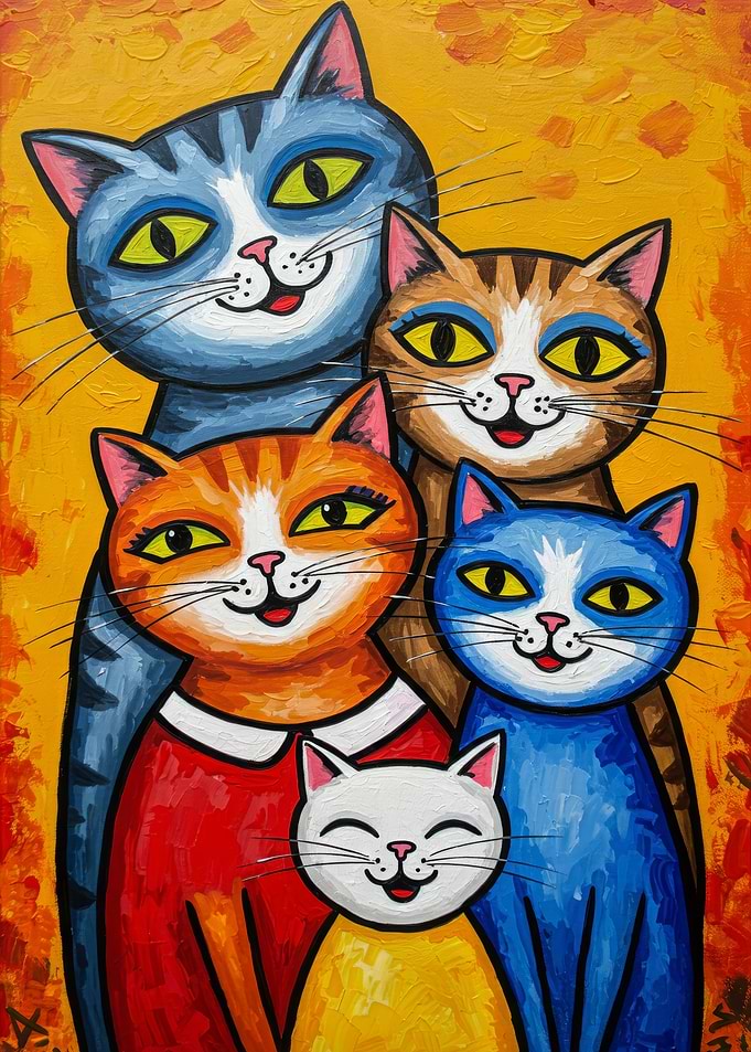Colorful Cat Family Portrait Painting