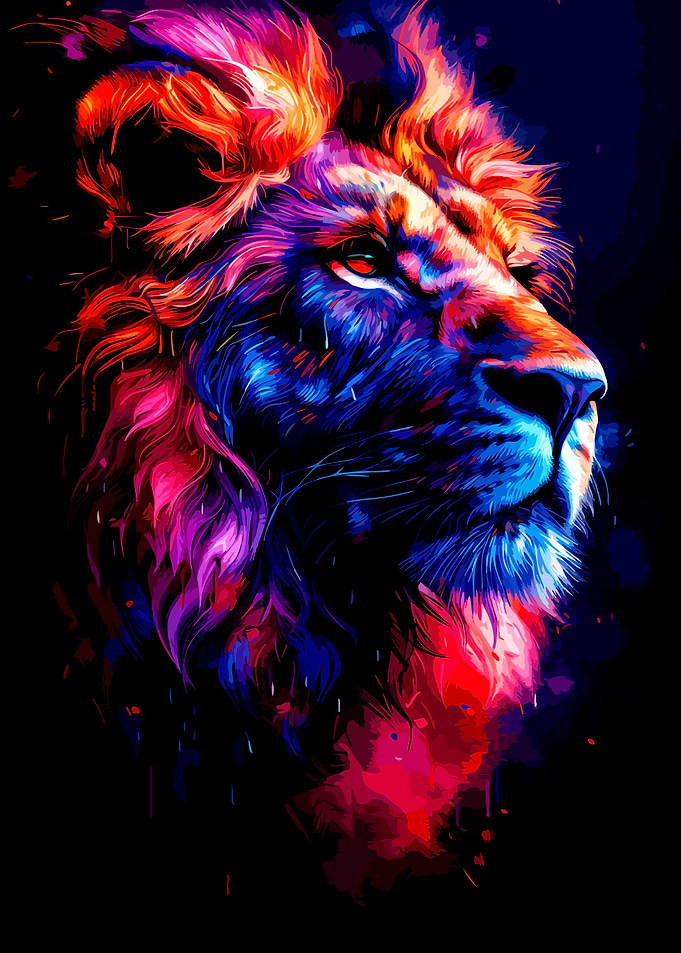 Colorful Lion Portrait on Black Background