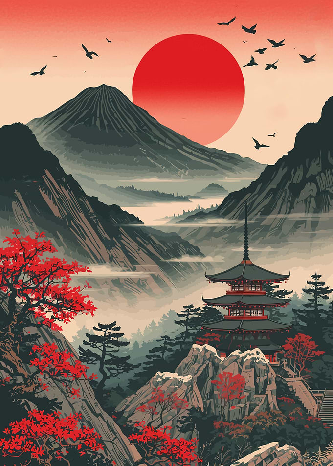 Japanese Landscape with Pagoda and Mountain
