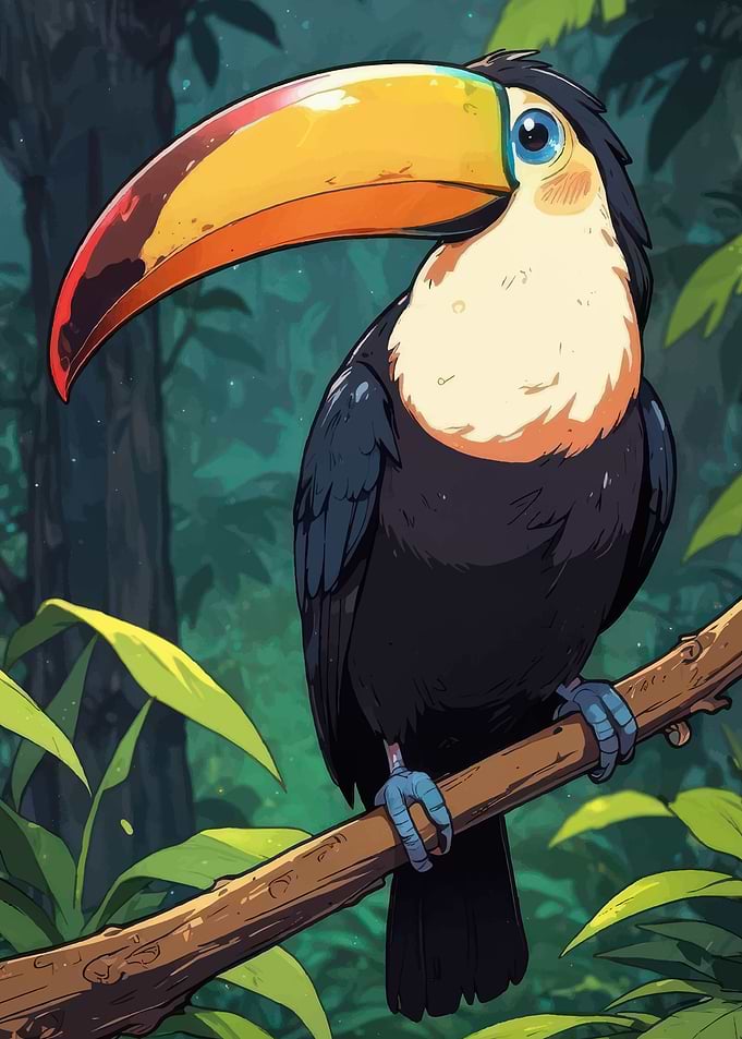 Cartoon Toucan on Branch in Jungle