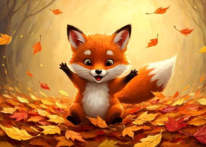 Cute Fox Cub Playing with Autumn Leaves