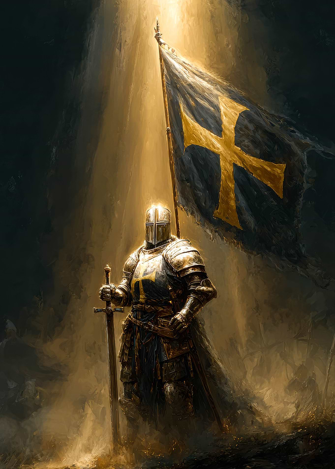 Knight with Flag in Golden Light