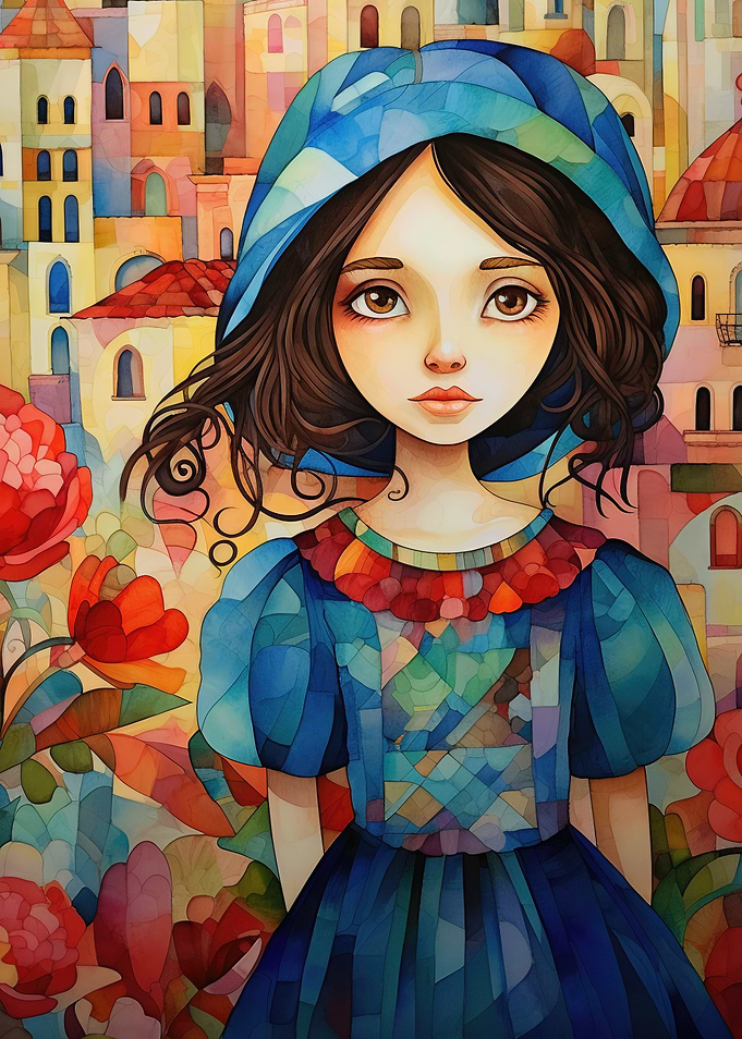 Girl in Blue Hood Watercolor Painting