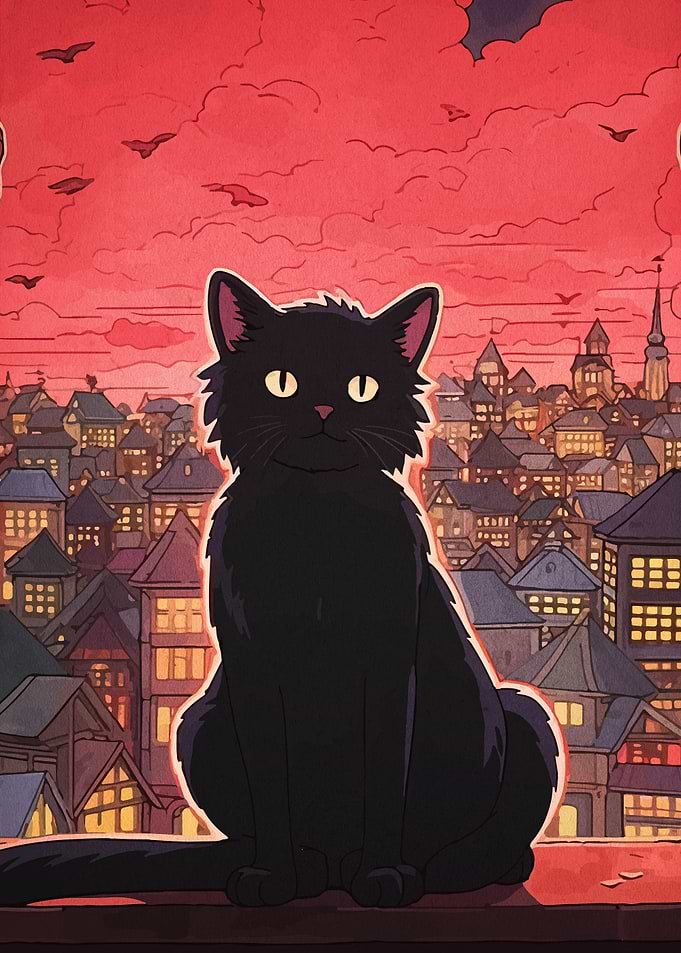 Black Cat Overlooking Cityscape